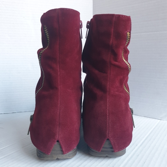 French Blue Americana Burgundy Wine Faux-Suede Ruched Ankle Zip-Up Booties Sz 38 - Picture 5 of 16